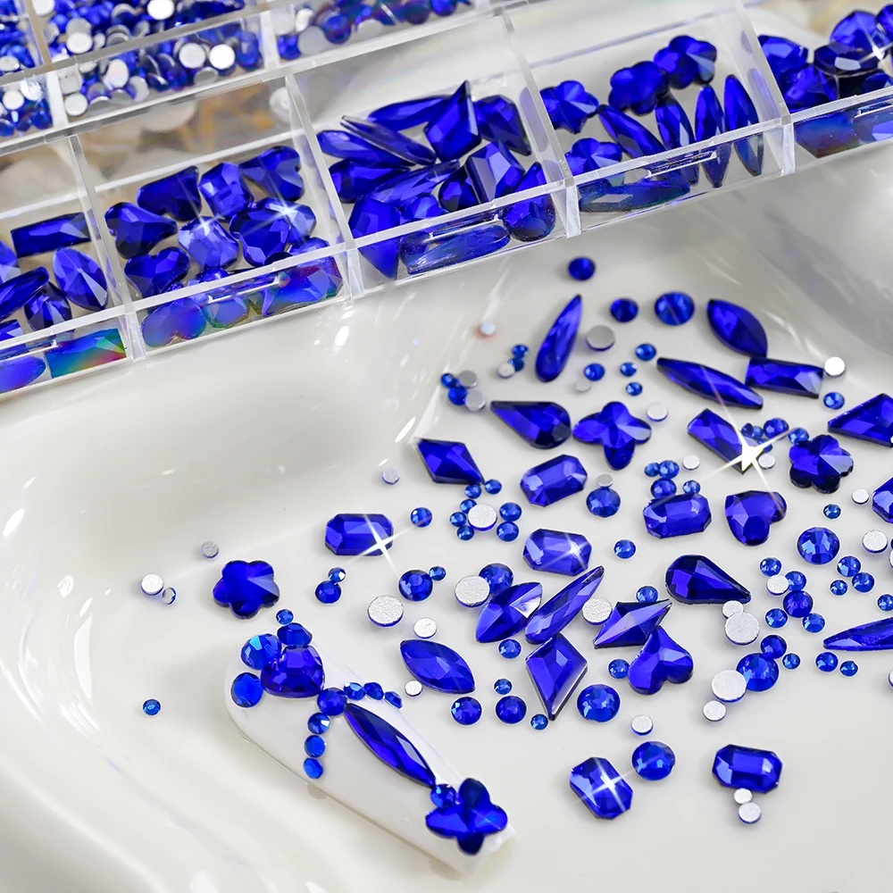 12 شبكات ثلاثية الأبعاد عشوائي الياقوت الأزرق مسمار الفن الراين مختلط جولة القلب قطرة الماس الزجاج مسمار السحر عيد الميلاد حزب مستلزمات الأظافر