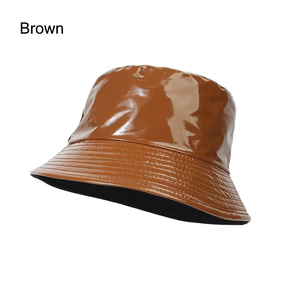 Faux Leather Bucket Hat Women Reversible PU Leather Sun Hat Fashion Autumn Waterproof Fisherman Hat Reversible Sun Bucket Hat