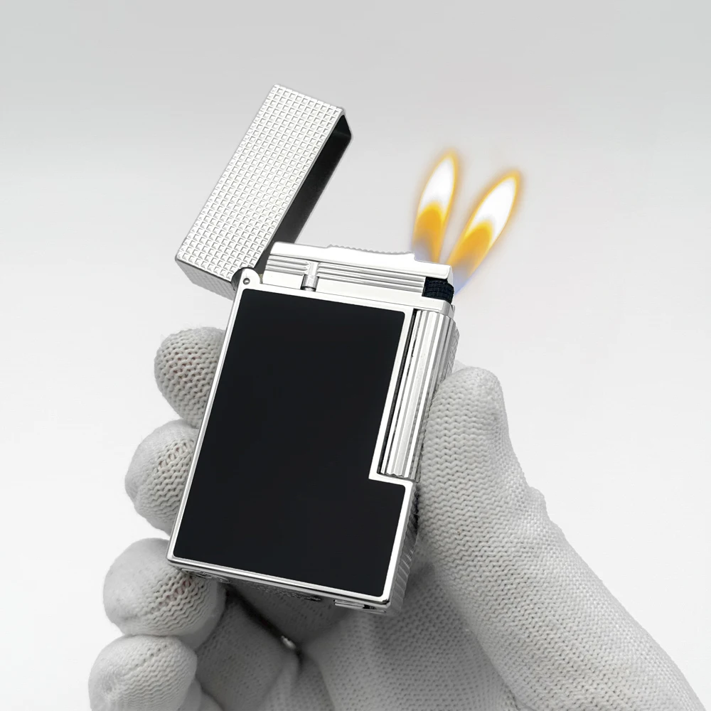 

Зажигалка с двойным пламенем, металлическая, глянцевая/матовая, с лаковым покрытием, аксессуары для сигар, инструменты для курения сигарет, в комплекте адаптер для насадки.