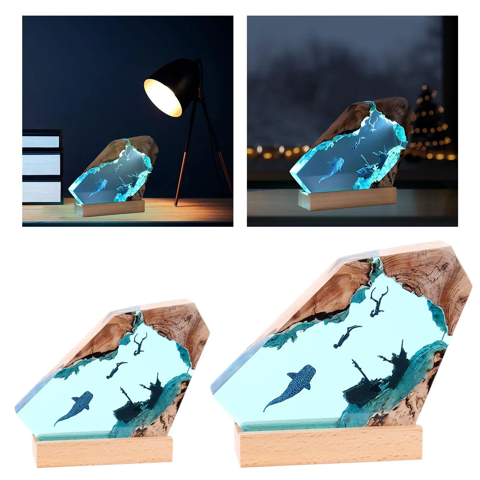 Clear Resin Bedside Night Light Wood Base Multifunctional Decorative Deep Sea Cave Diving Underwater Scene for Valentine Gift