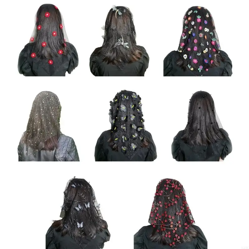 L5YC Black Lace Veil Chapel Length Veil Bridal Shower Party Veil Women Mantilla Veil