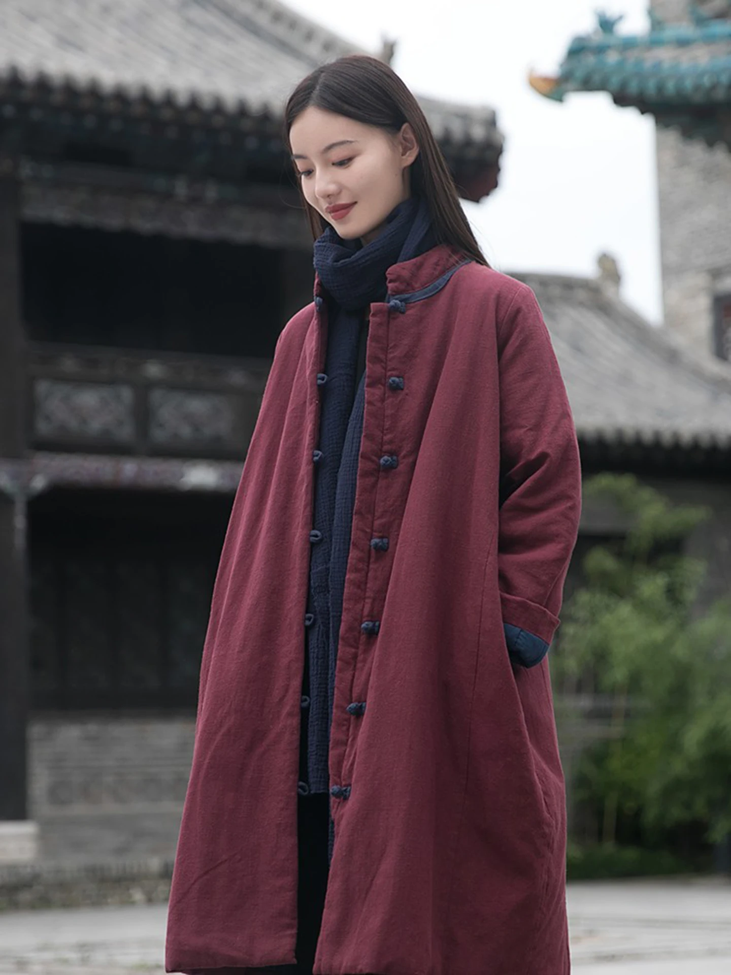 Thickened Cotton Jacket Women's Retro Style Buttoned Outerwear Loose Fit Long Sleeve Warm Coat Middle-Length Stand-Collar Coat