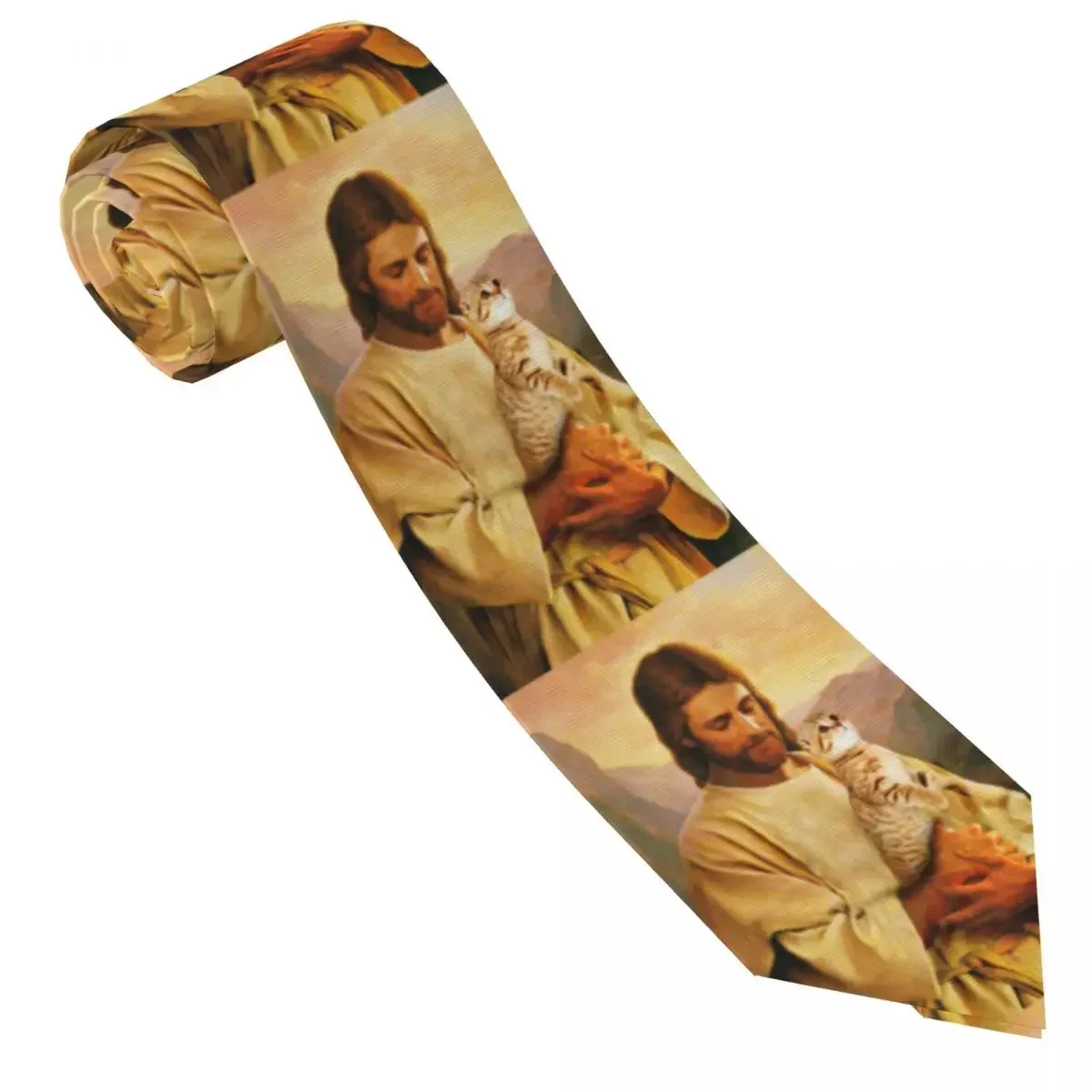 Christ And His Cat Tie Oil Painting Graphic Neck Ties Cool Fashion Collar Tie Men Leisure Necktie Accessories