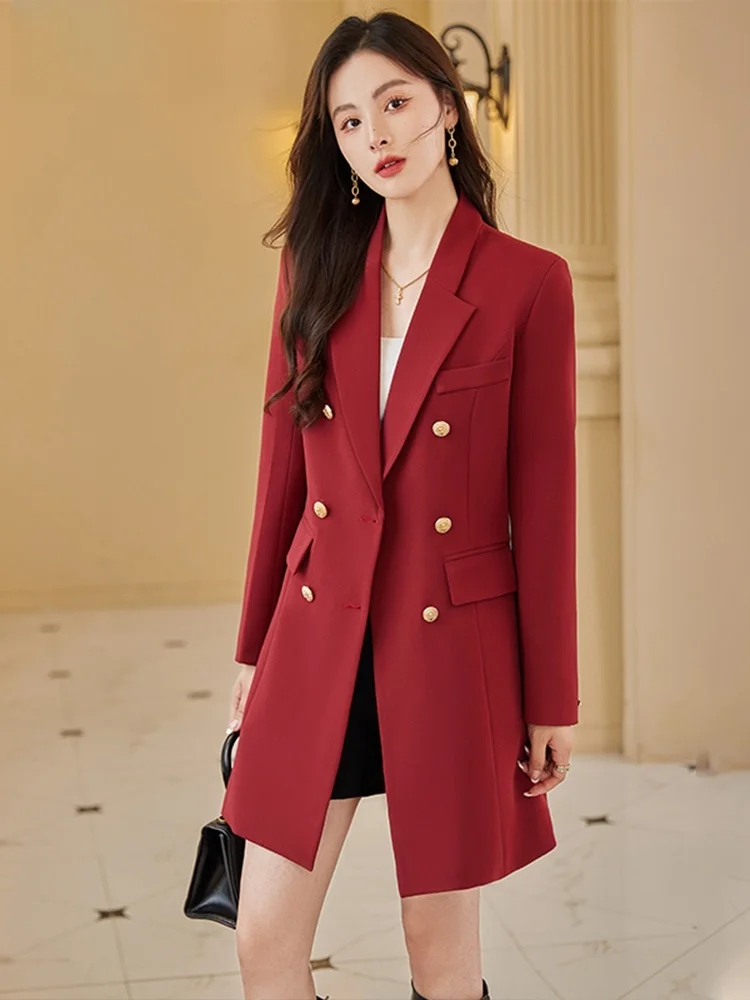 

Wine Red Suit Jacket Women's Spring Autumn New High-End Sensation Top Small Size Medium Length West Coat Big Coat