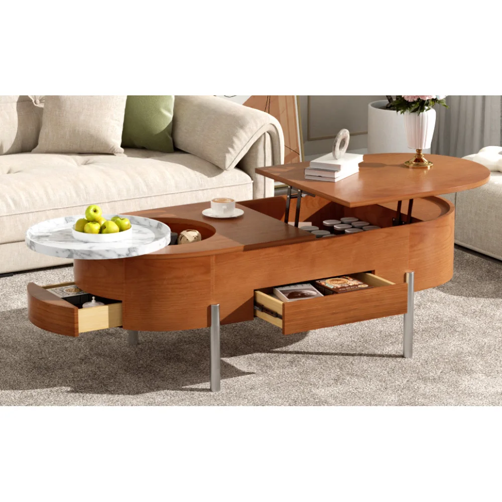 U-Can 47.2''Lift Top Coffee Table with 360-degree Marble-patterned Rotating Tray Hidden Compartment Partially Assembled Wooden