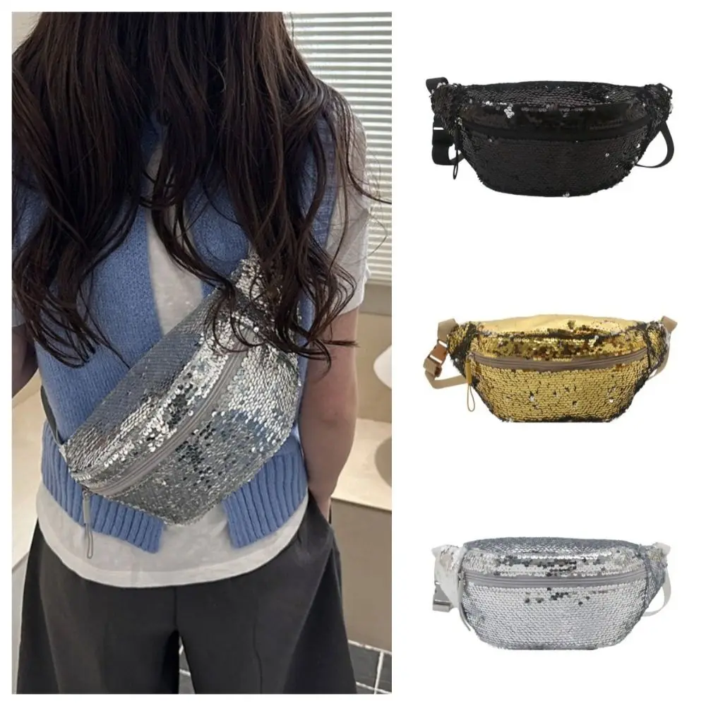 

Glitter Sequin Waist Packs Versatile Lightweight Zipper Crossbody Bag Wide Shoulder Strap Korean Style Shiny Fanny Pack Outdoor