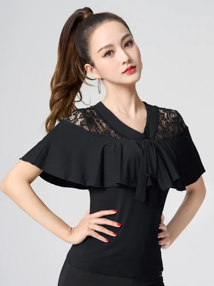 

Lace Patchwork Latin Dance Costume Waltz Tops Adult Modern Tango Wear Woman Solid Color Short Sleeve Belly Evening Clothes LU86