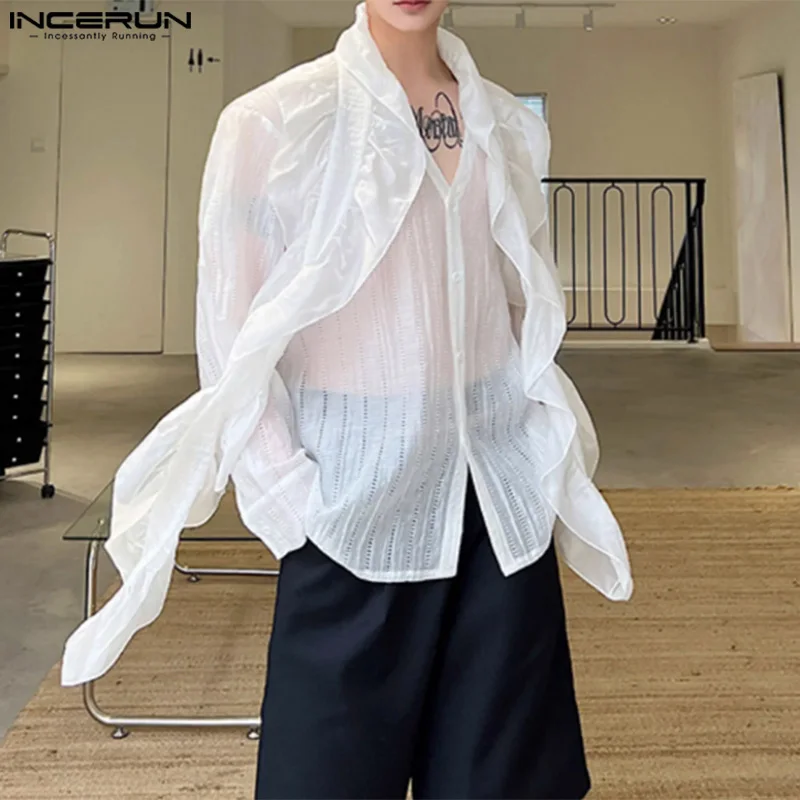 

Handsome Well Fitting Tops INCERUN Men Ruffled Ribbon Shirts Fashion Solid Hollow Slightly Transparent Long Sleeved Blouse S-5XL