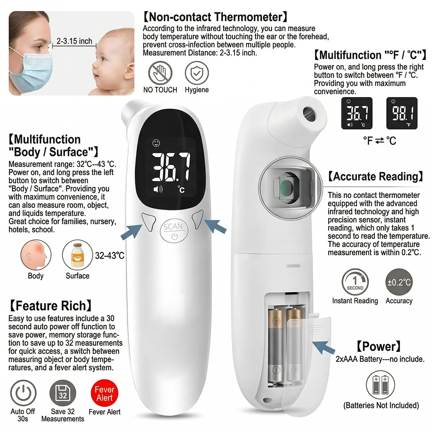 Digital Infrared Fever Thermometer Medical Household Infant Adult Forehead Non-contact Body Temperature Ear Thermometer