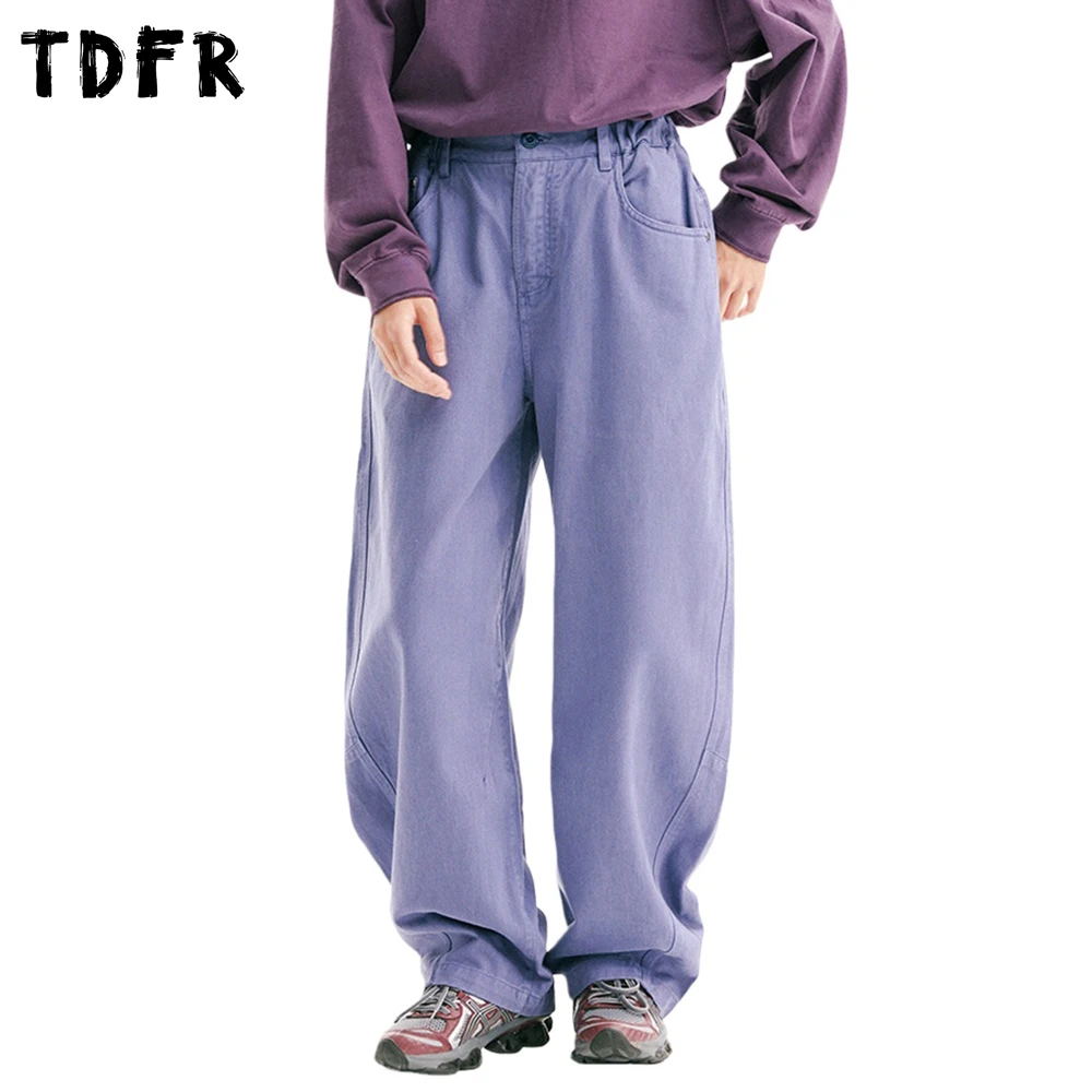 

Retro Solid Color Cargo Banana Pants Mens Autumn Winter Fleece Washed Distressed Elastic Waist Baggy Wide Leg Trousers Man