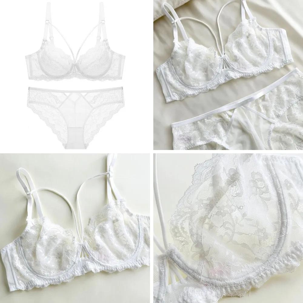 French Lace Bra & Panty Set, Sheer Mesh Ultra-Thin Cup, Backless Strapless Design