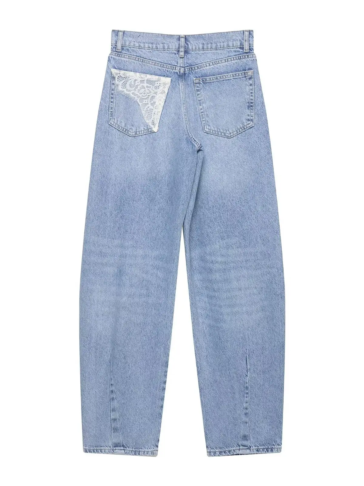 Retro High Waist Patchwork Lace Hole Denim Jeans Women's Light Blue Trendy Pants Street Style Autumn Standard Fit Micro Stretch