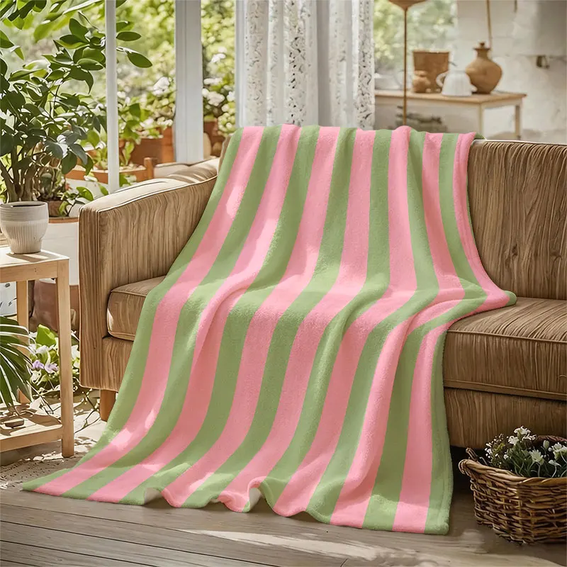 Pink Green Stripes Flannel Blanket Perfect for Sofa Office Bed Travel Sleep Read Relax Camping Four Season Use