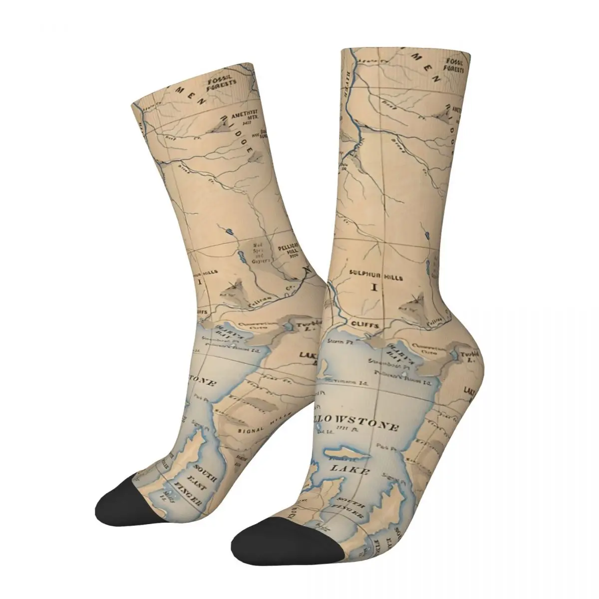 Funny Vintage Map Of National Park (1889) Men's Socks Retro Harajuku Yellowstone Hip Hop Novelty Casual Crew Crazy Sock