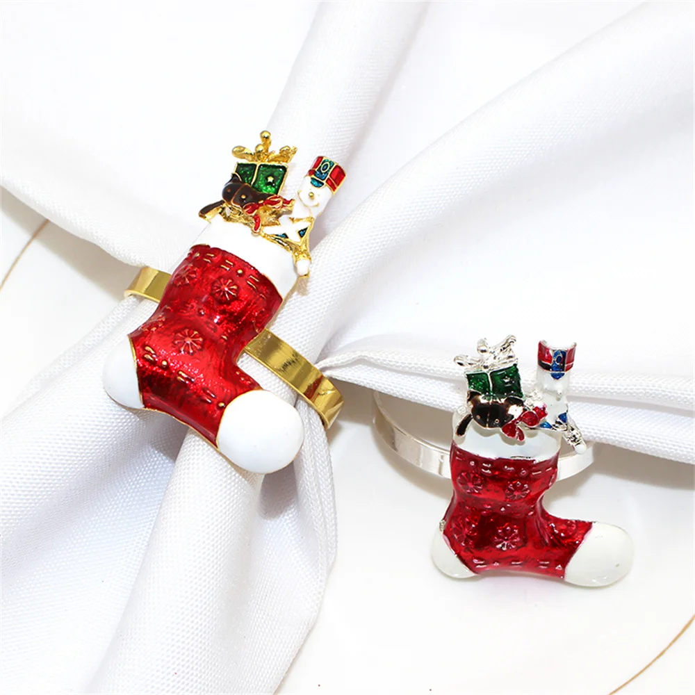 6Pcs Christmas Stocking Santa Napkin Rings Gold Xmas Napkin Holders for Family Holiday Christmas Party Table Decor ERC119