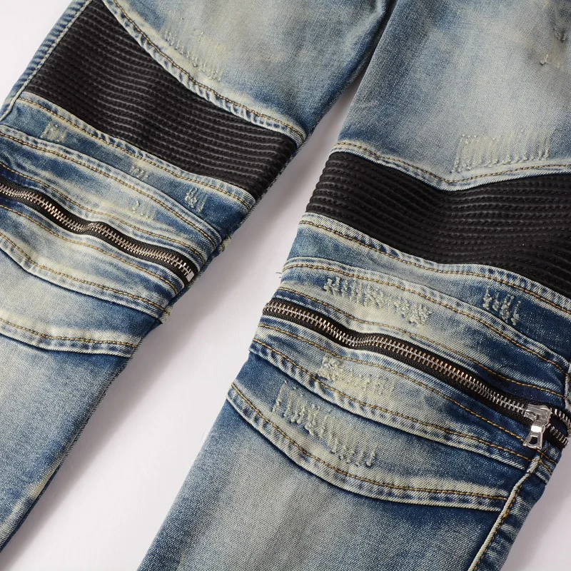 Distressed Motorbike Blue Color With Leather Ribs Patchwork Zippers Skinny Ripped Jeans Pants Men