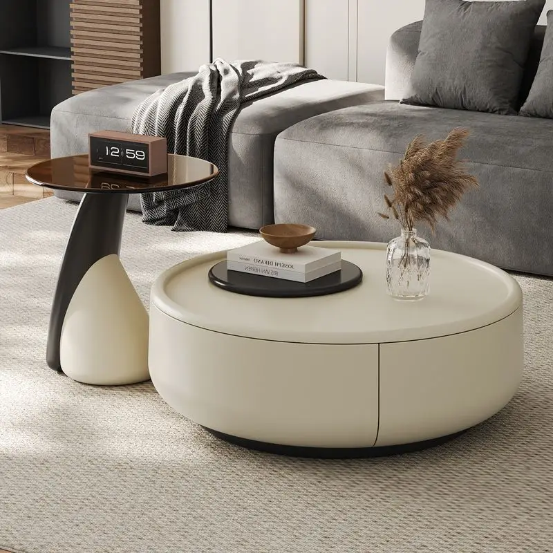 Wabi Sand Cream Wind Rona Coffee Table Living Room Household Small Unit Solid Wood Round Tea Table 2024 New High-end Combination