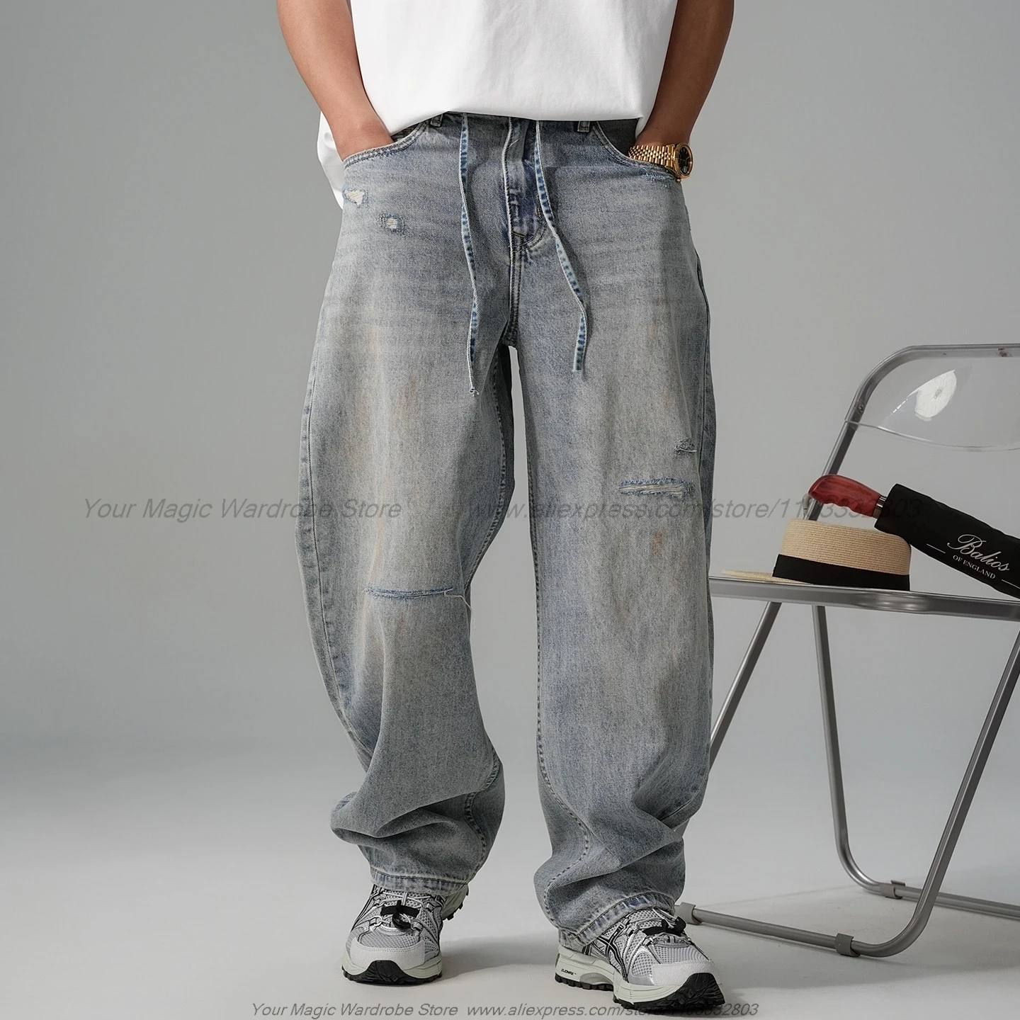 2026 Handsome Retro Distressed Post-Apocalyptic Wasteland Style Ripped Jeans Men's Straight Loose Wide Leg Machete Pants