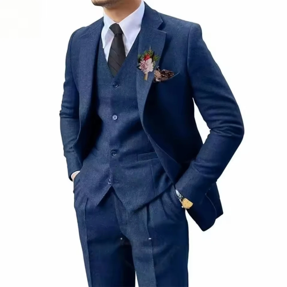 New Men's Suits Wedding Tuxedo in Brown Tweed 3-Piece Fishbone Smoking Suit with Notched Lapel Business Tweed Aesthetic Tailored