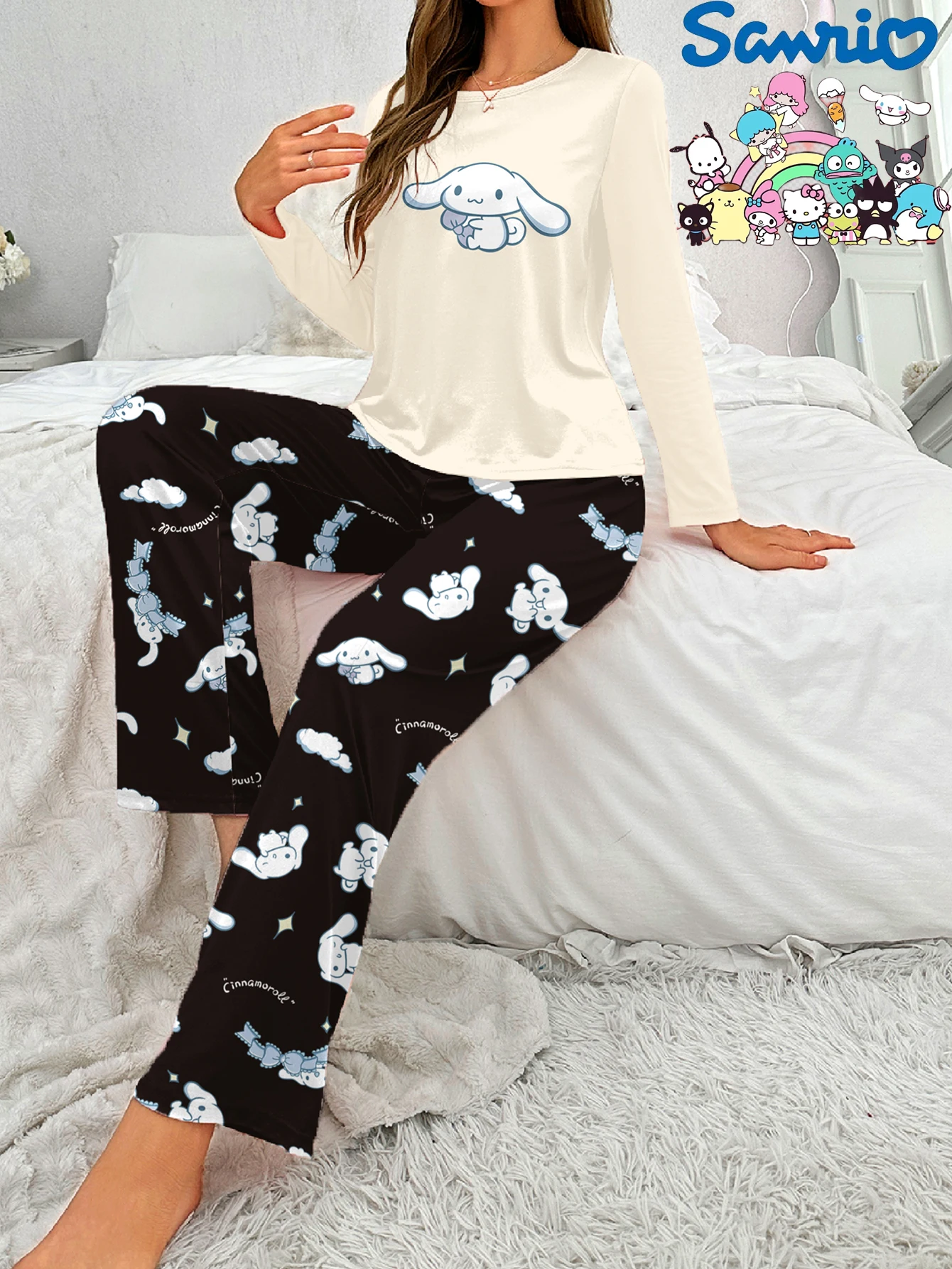 مجموعة ملابس منزلية من Sanrio Yugui Dog بأكمام طويلة ورقبة دائرية وكرتونية لطيفة كاجوال