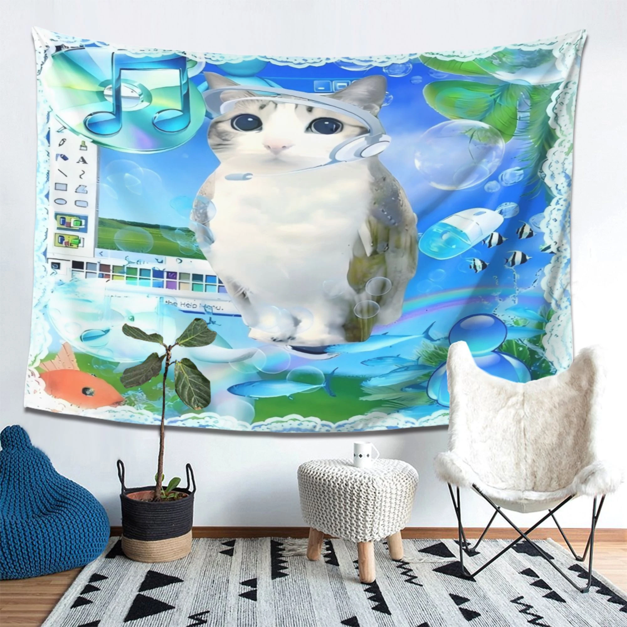 VIKAMA Vaporwave Meme Cat Wandteppich, Retro-Computer-Bubble-Fish, Bohemian-Ästhetik, Dekor für Wohnzimmer, Schlafsaal – Detail 3
