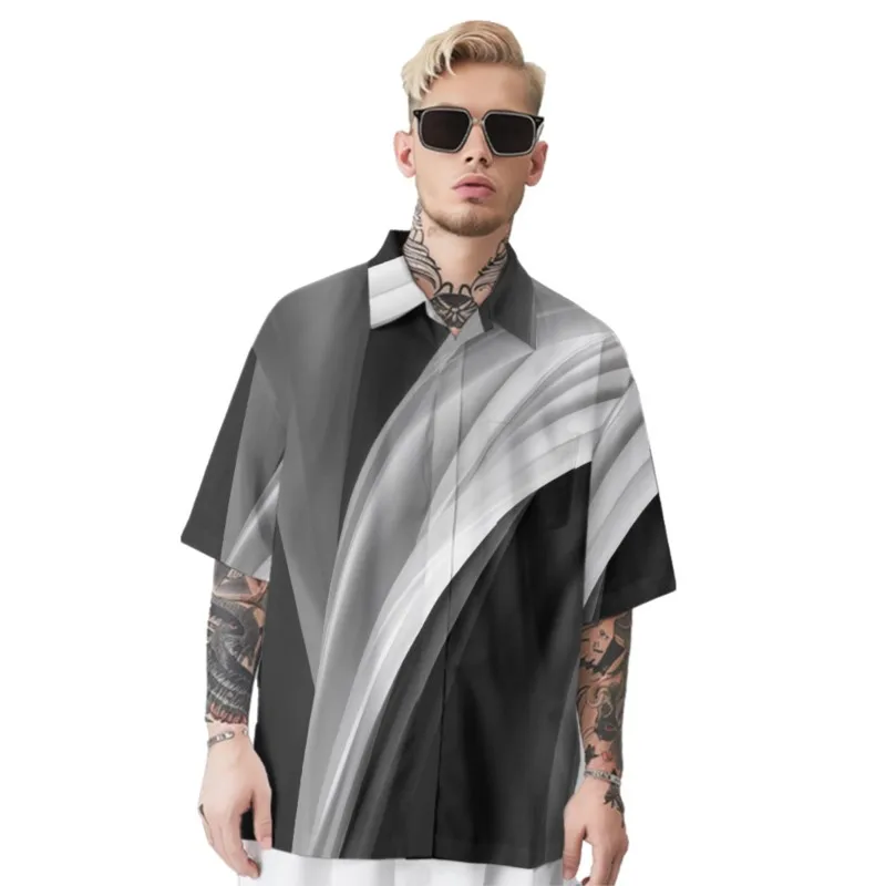 Silver Stripes Printed Shirt Men's Hawaiian Chest Pocket Shirt Casual Short Sleeve Daily Smart Business Shirt For Men