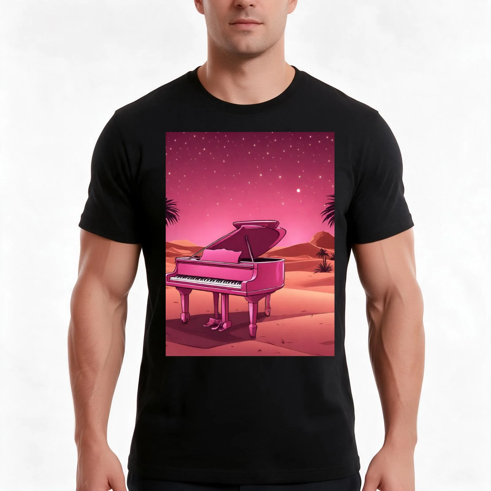 Piano in the Egyptian desert with Pyramids, jungles, lanterns, ancient Rome T-Shirt, Summer Casual Cotton Tee, Unisex Men Women