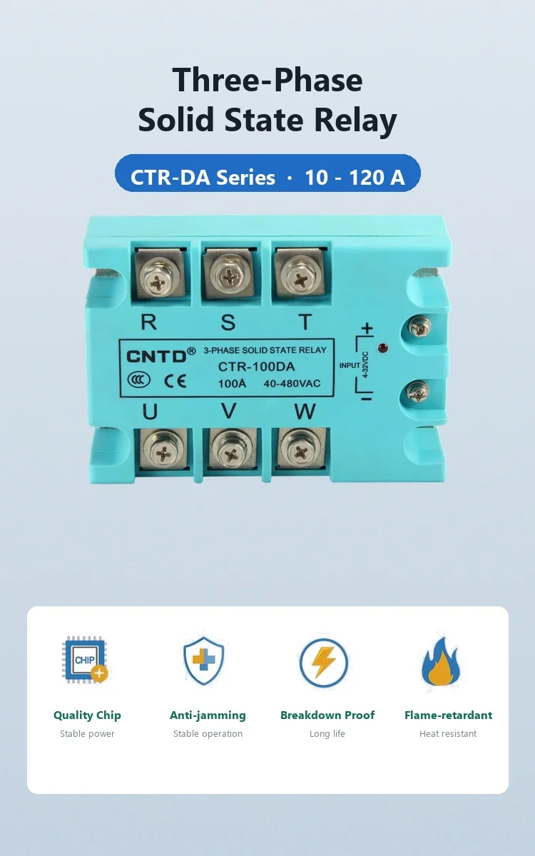 Three Phase Solid State Relay 10A 25A 40A 60A 80A 100A 120A 24-480VAC DC Control AC SSR Module for Heater Motor Zero Cross 480V