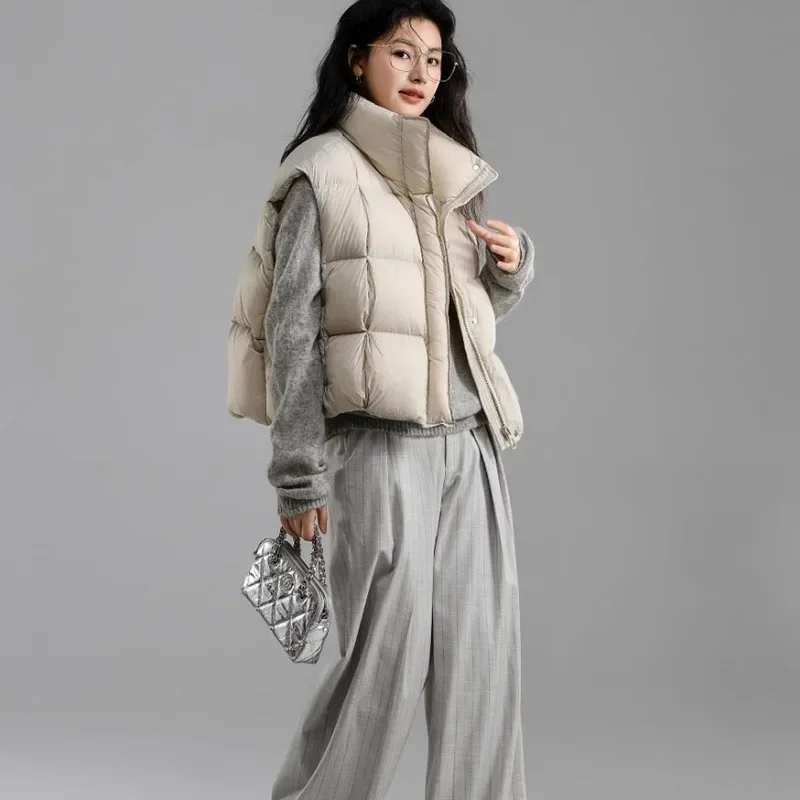 New Short Stand-Up Collar Thickened Down Women's Waistcoat For Winter Cream Puff-Like Warm White Duck Down Vest JJ645
