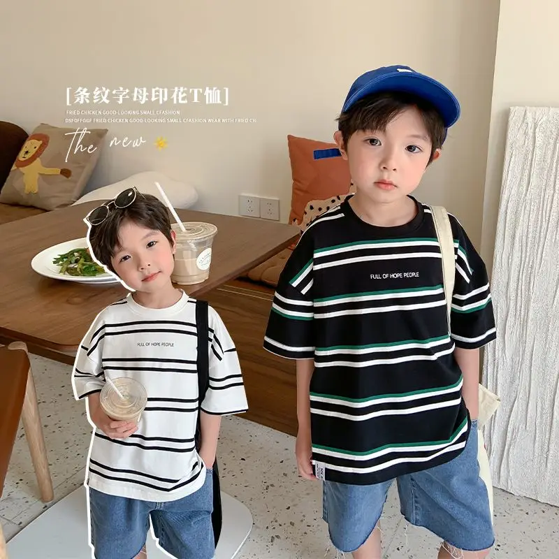 

Boys' Suit Summer Children's T-shirt Children's Casual Sports Striped Medium and Big Children Boys' Handsome 2023 New