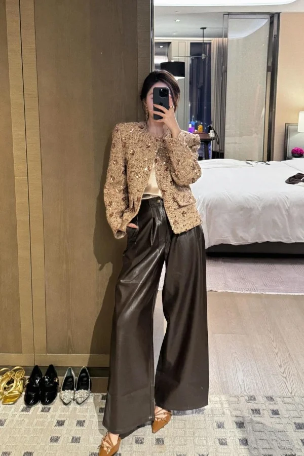

2025 New Women's Gold Sequins Round Neck Tweed Blazer Thickened French Autumn Winter Elegant Luxe Jackets Top Female Clothing