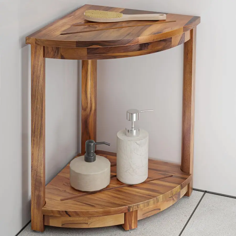

18 Teak Corner Shower Stool for Inside Shower Teak Corner Shower Bench with Storage Shelf Shower Foot Rest and Shower Stool for