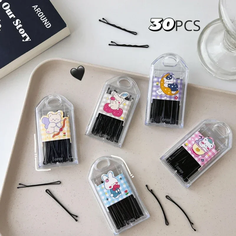 30pcs/lot Women\'s Boxed Metal Bobby Pin Barrette Black Straight Wave Hairpins Korean Versatile Bangs Hair Clips for Children New