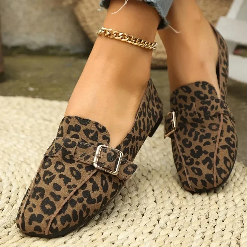 Women Shoes on Sale 2024 Women's Flat Shoes Fashion Square Toe Belt Buckle Flats Comfort Slip-on Leopard Print Plus Size Shoes