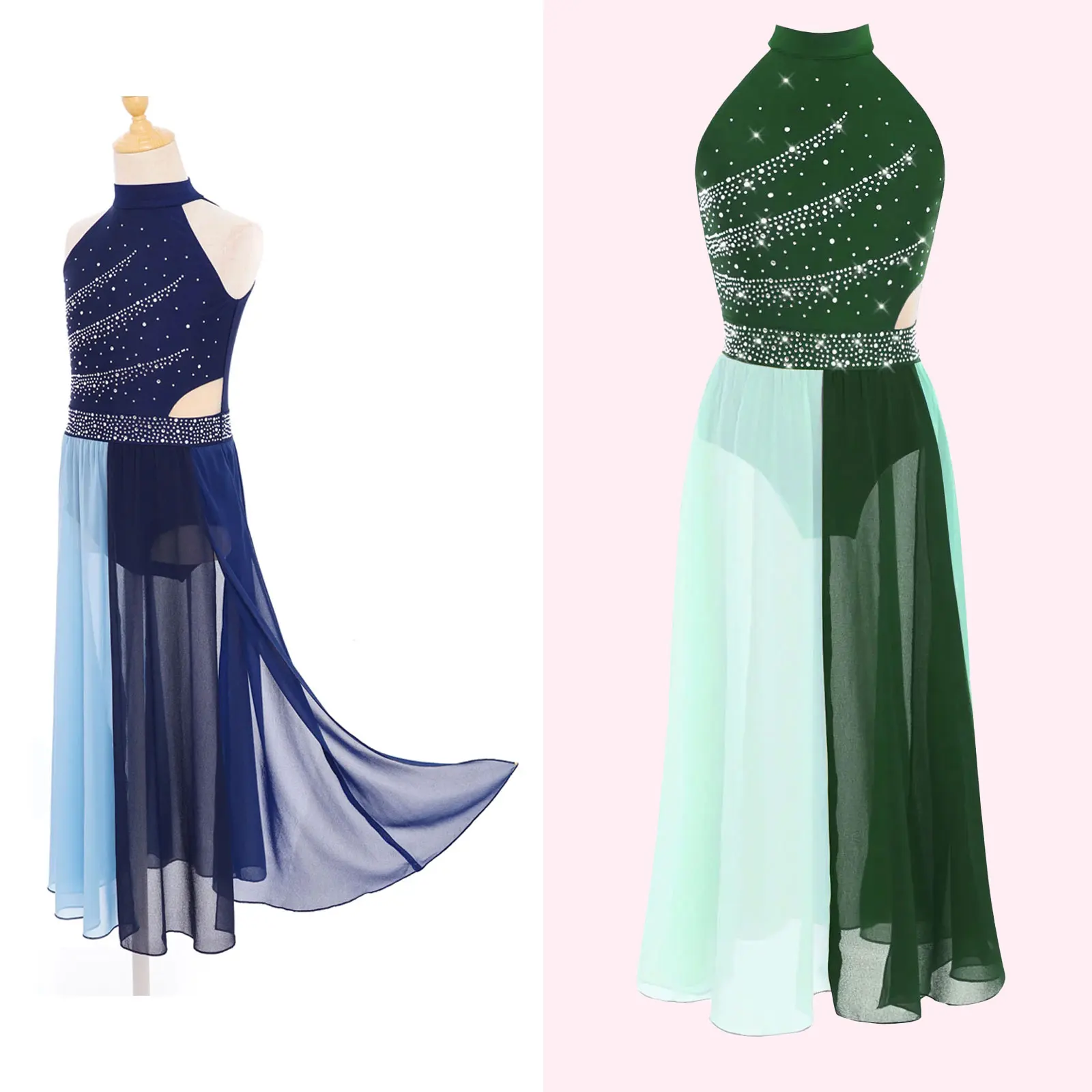 

Kids Girls Ballet Dance Jersey Performance Dancewear Rhinestones Side Split Chiffon Lyrical Modern Figure Skating Leotard Dress