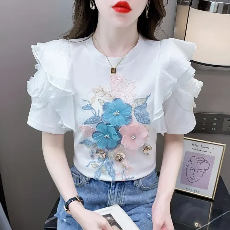 

White T-shirt Women's Short-Sleeved Floral T-shirt Summer New High-End Heavy Embroidery Flower Chic Top Tees U346