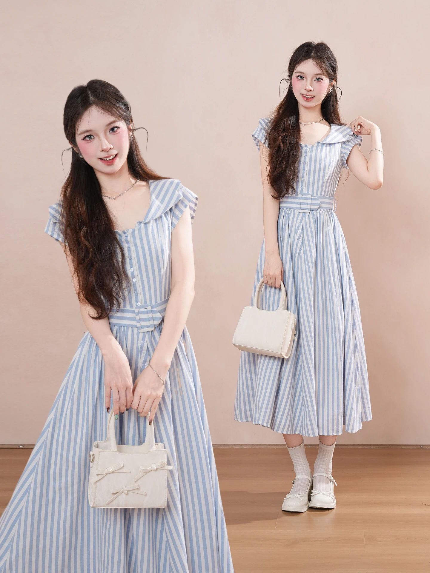 Forest Vintage Striped Sleeveless Dress Women's Summer Waist Cinching Slimming Ageless Long Dress A-Line Silhouette