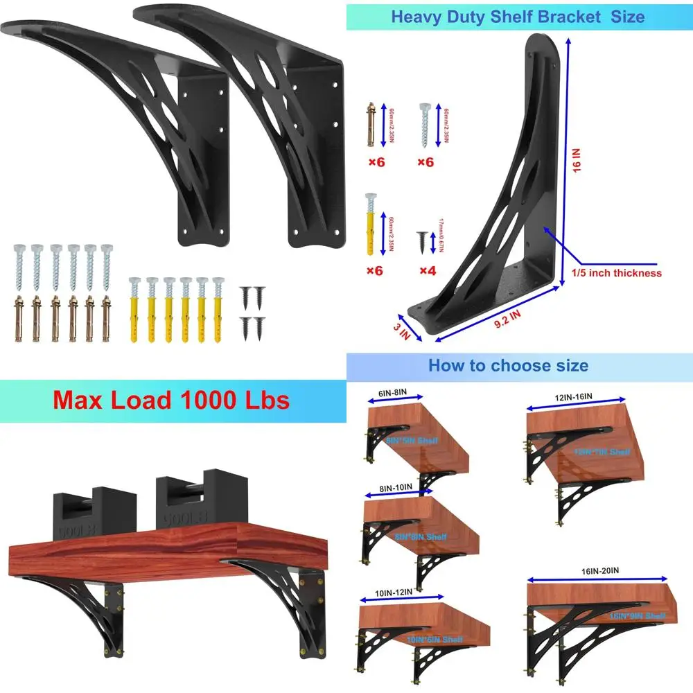 

Heavy-Duty Shelf Brackets for Floating Shelves and Countertops - 1000 lbs Load Capacity, 16x9 Inch Black Metal, Set of 2