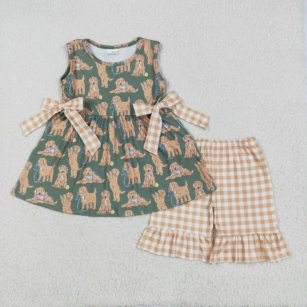 

Baby Girls Green Sleeveless Dog Bows Tunic And Khaki Plaid Ruffle Shorts Set Cute Outfit for Infants