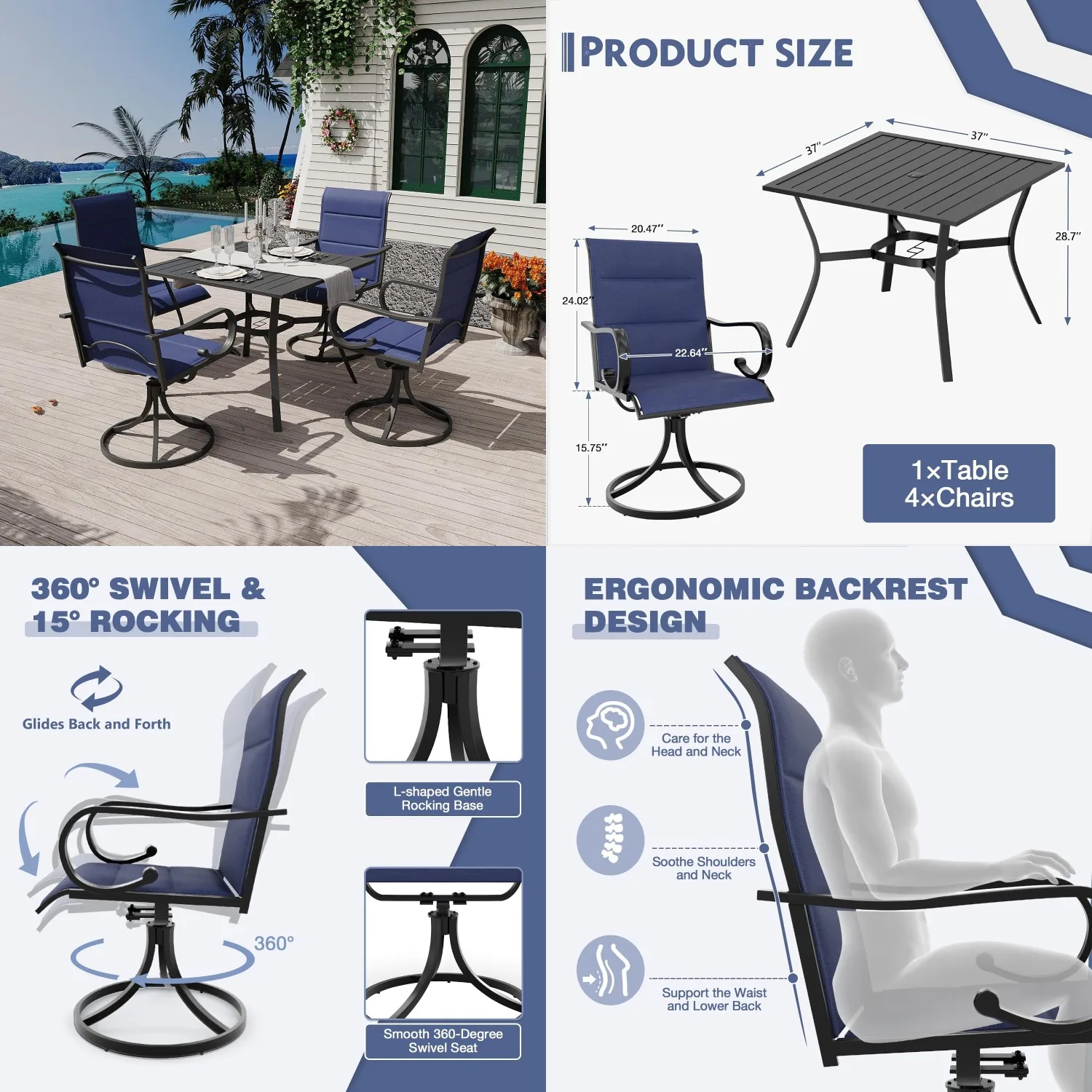 

5pc Outdoor Dining Set,Swivel Rocker Chairs Textilene & Metal Table Umbrella Hole,Patio Garden,Customized
