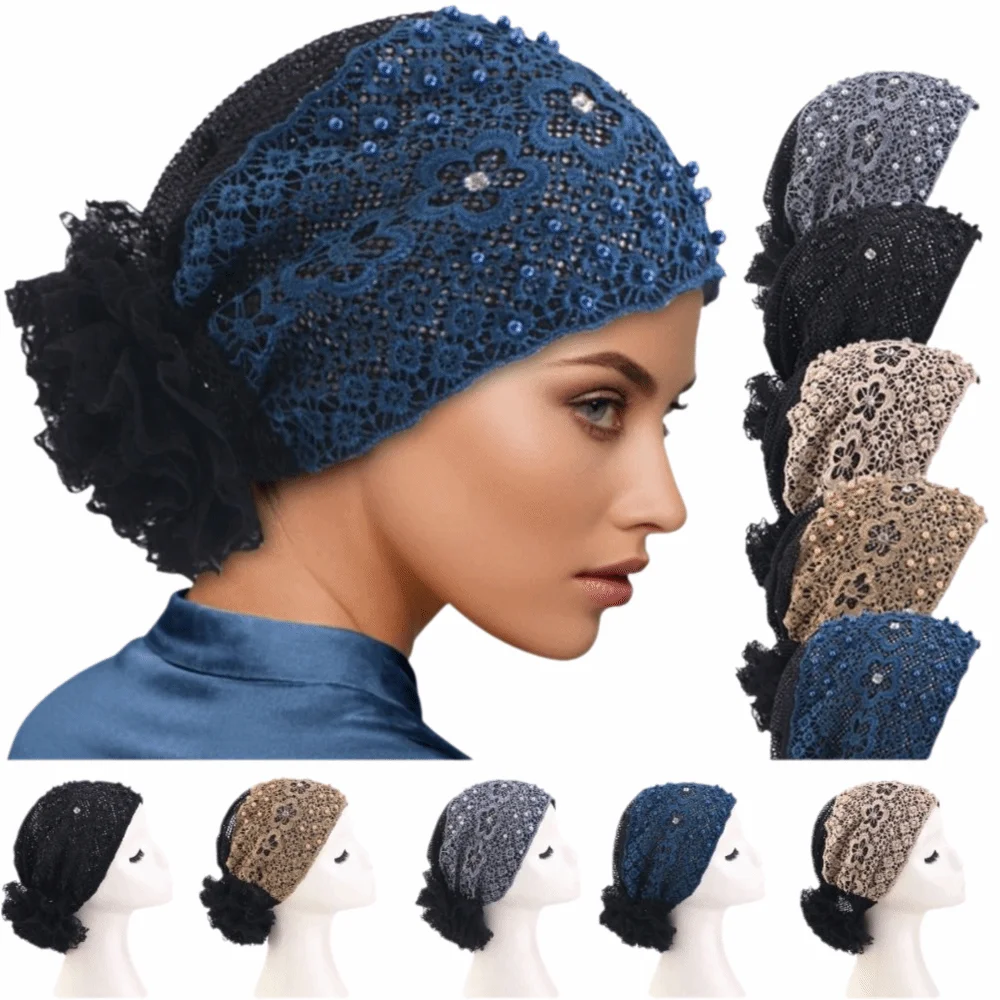 

Casual Lace Embroidered Turban Hat Floral Beaded Ready to Wear Islamic Headwear Vintage Lace Pearl Lace Head Wraps Female