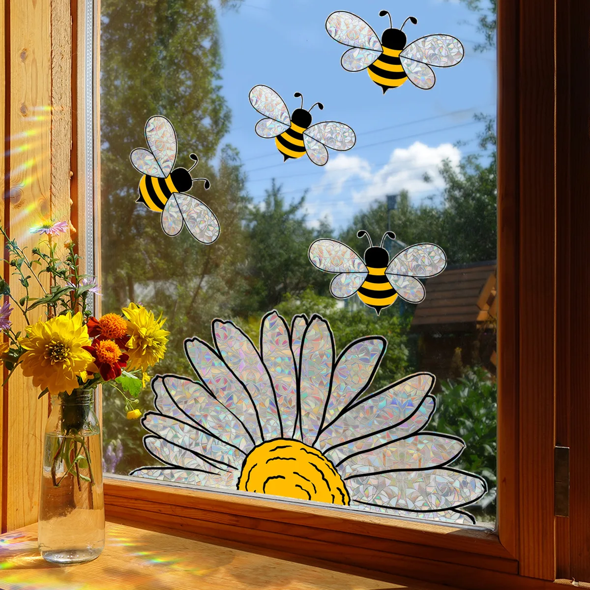 30*40cm Sunflower Bee Window Sticker Sunlight Colorful Electrostatic Sticker Glass Sticker Home Decorative Decal Xc6005