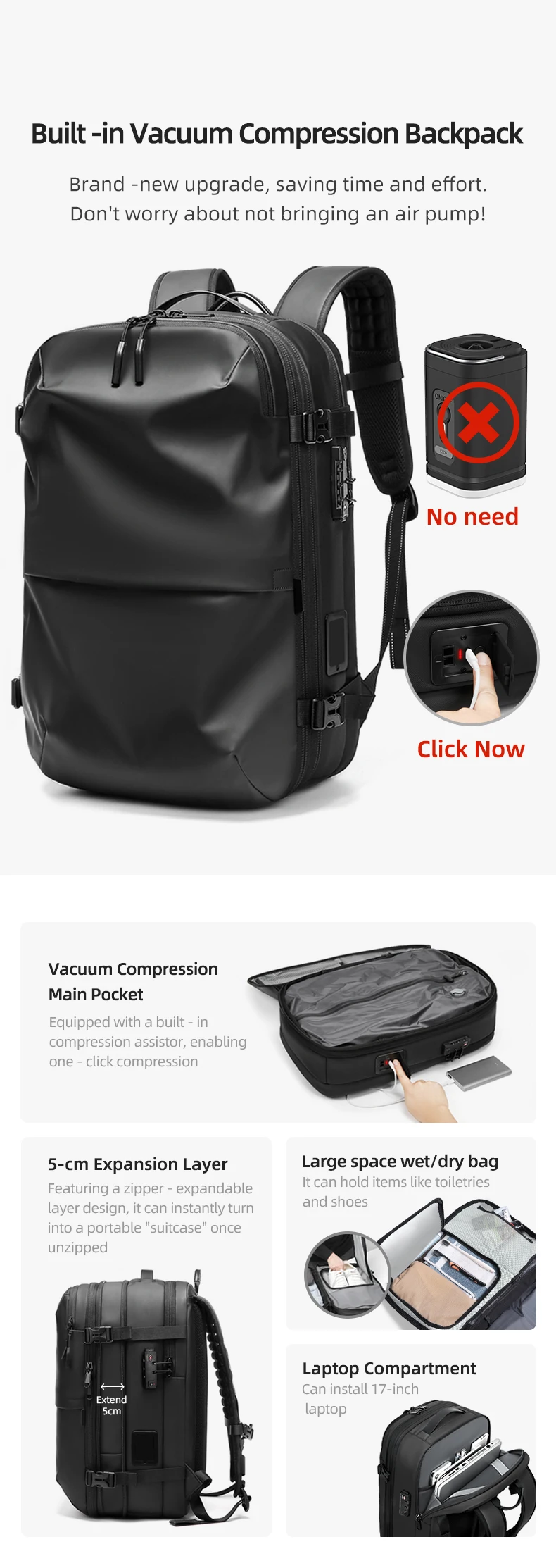 Herren-Reiserucksack mit One-Click-Start-Pumpe, Vakuum-Kompression, Laptopfach, Wandern, Outdoor, 17 Zoll, erweiterbarer Schulrucksack – Detail 1