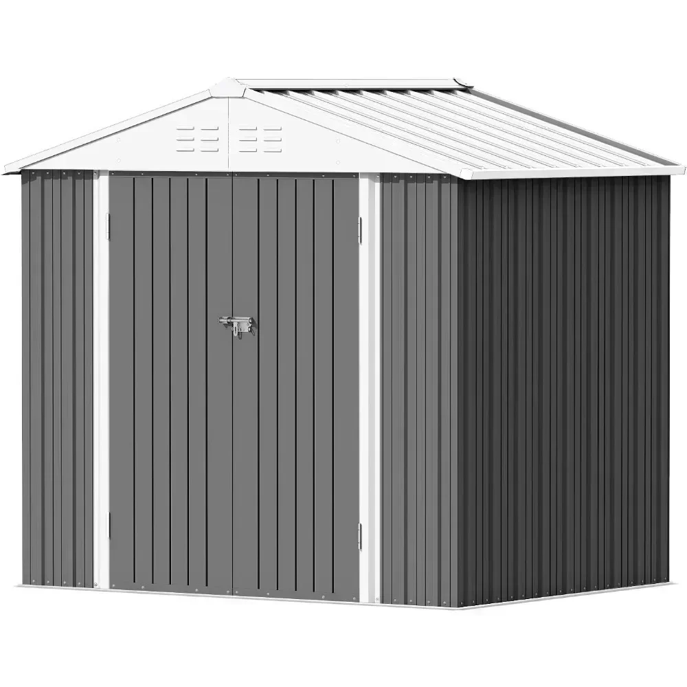 /-Outdoor Storage Shed 6 x 8 FT Lockable Metal Garden Shed Steel Anti-Corrosion Storage House with Single Lockable Door ,White