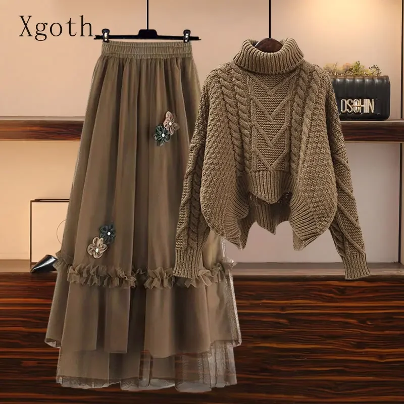 Xgoth Large Size Knitwear Suits Women's Apring Autumn 2023 New Slim Sweater Age Reducing High Waist Mesh Skirt Sets/single Piece