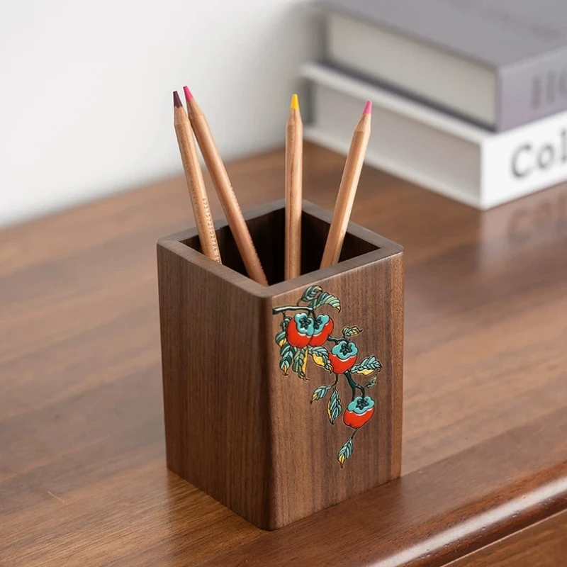 ✨Walnut Pen Organizer, Hand-painted Danqing Art Desk Organizer, Creative Fruit Shaped Stationery Storage, Unique Gift for Mentor