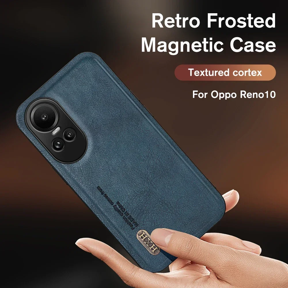 

For Oppo Reno10 Pro Case Retro Frosted Leather Car Magnetic Cover Appo Reno 10 Pro+ Reno10Pro 10Pro Plus 5G Camera Protect Funda