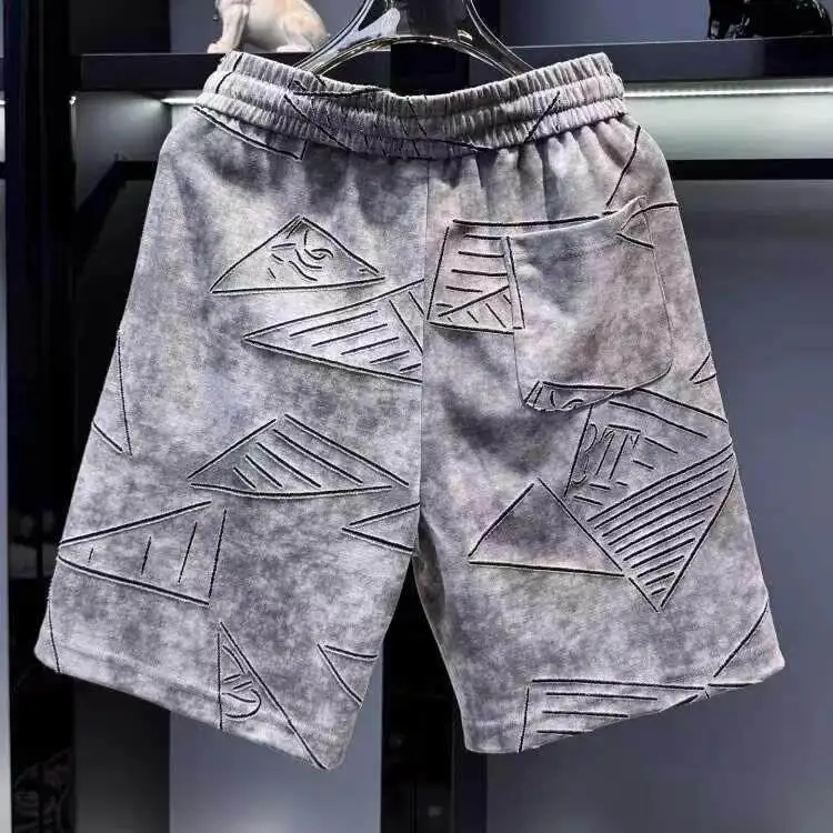 Washed Casual Grey Shorts Men's Summer Trendy Loose Fit Five-Quarter Length Straight Leg Polyester Fiber Geometric Pattern