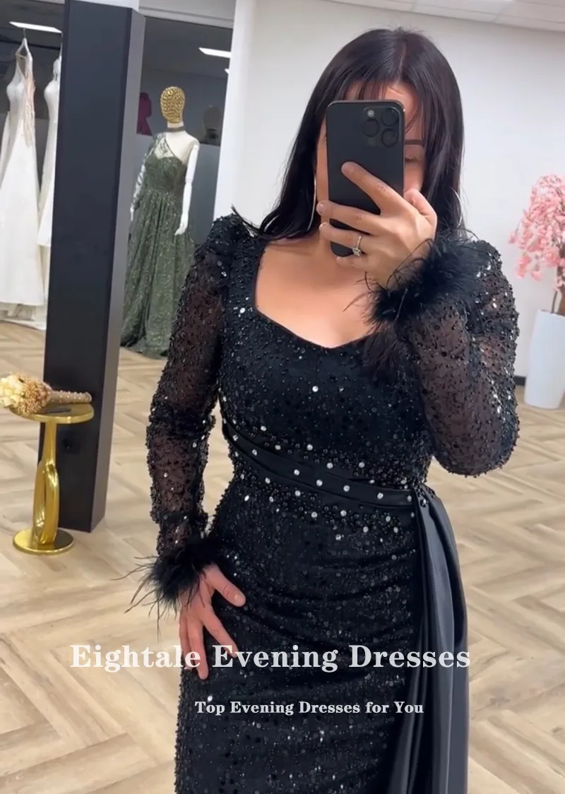 Eightale Luxus-Abendkleider mit Pailletten, individuellem Gürtel, Meerjungfrau-Abschlussballkleid mit Federperlen, langen Ärmeln, Hochzeits-Partykleid