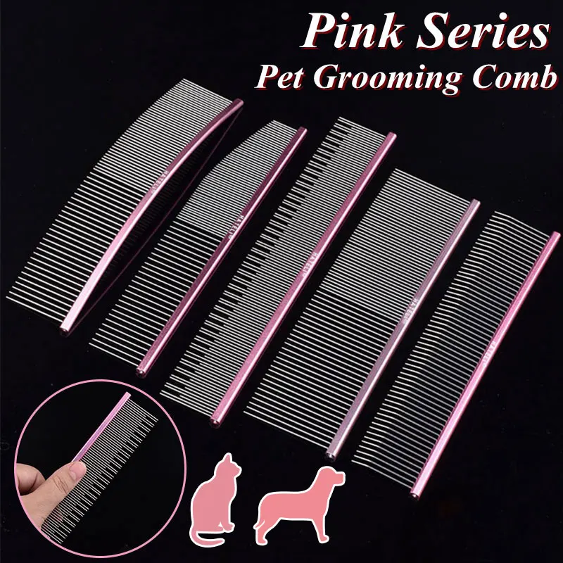 Pet Pink Comb Cat Dog Professional Stainless Steel Grooming Comb Dense Sparse Teeth Dog Cat Cleaning Brush Hair Reemoval Comb